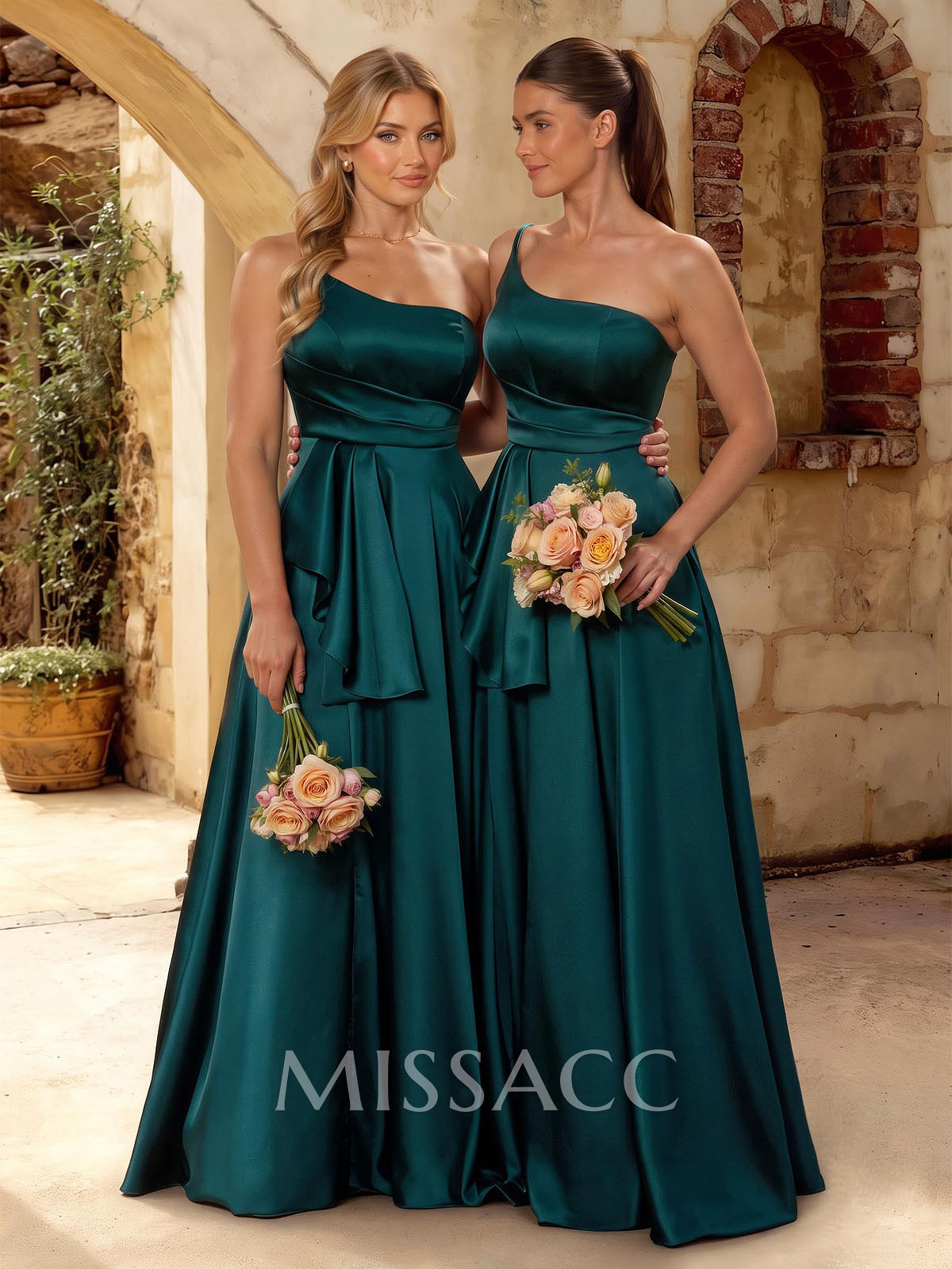 A-Line One-Shoulder Sleeveless Floor-Length Satin Bridesmaid Dresses With Cascading Ruffles/Pleated