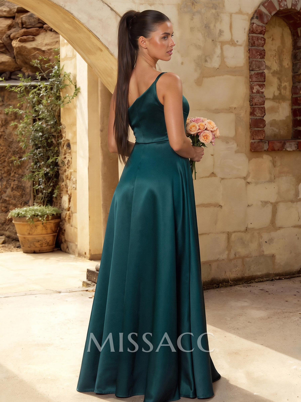 A-Line One-Shoulder Sleeveless Floor-Length Satin Bridesmaid Dresses With Cascading Ruffles/Pleated