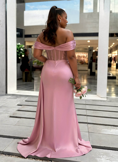 Off-The-Shoulder Sweep Train Acetate Satin Bridesmaid Dresses With Beading/Sequins/High Split