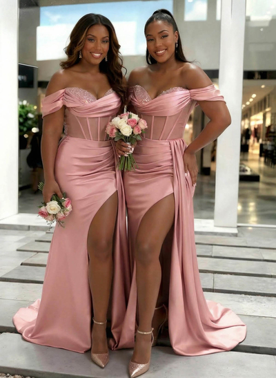 Sheath/Column Off-The-Shoulder Sleeveless Sweep Train Charmeuse Bridesmaid Dresses With High Split