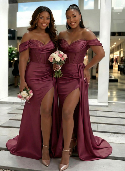 Sheath/Column Off-The-Shoulder Sleeveless Sweep Train Charmeuse Bridesmaid Dresses With High Split