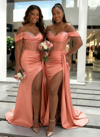 Sheath/Column Off-The-Shoulder Sleeveless Sweep Train Charmeuse Bridesmaid Dresses With High Split