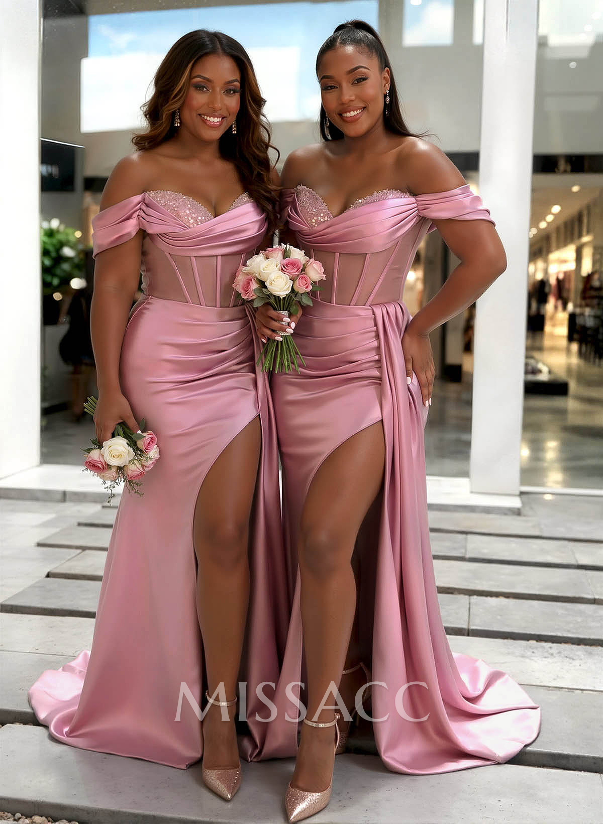 Sheath/Column Off-The-Shoulder Sleeveless Sweep Train Charmeuse Bridesmaid Dresses With High Split Sheath/Column Off-The-Shoulder Sleeveless Sweep Train Charmeuse Bridesmaid Dresses With High Split