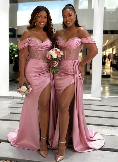 Sheath/Column Off-The-Shoulder Sleeveless Sweep Train Charmeuse Bridesmaid Dresses With High Split