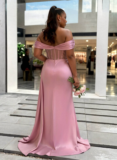 Sheath/Column Off-The-Shoulder Sleeveless Sweep Train Charmeuse Bridesmaid Dresses With High Split