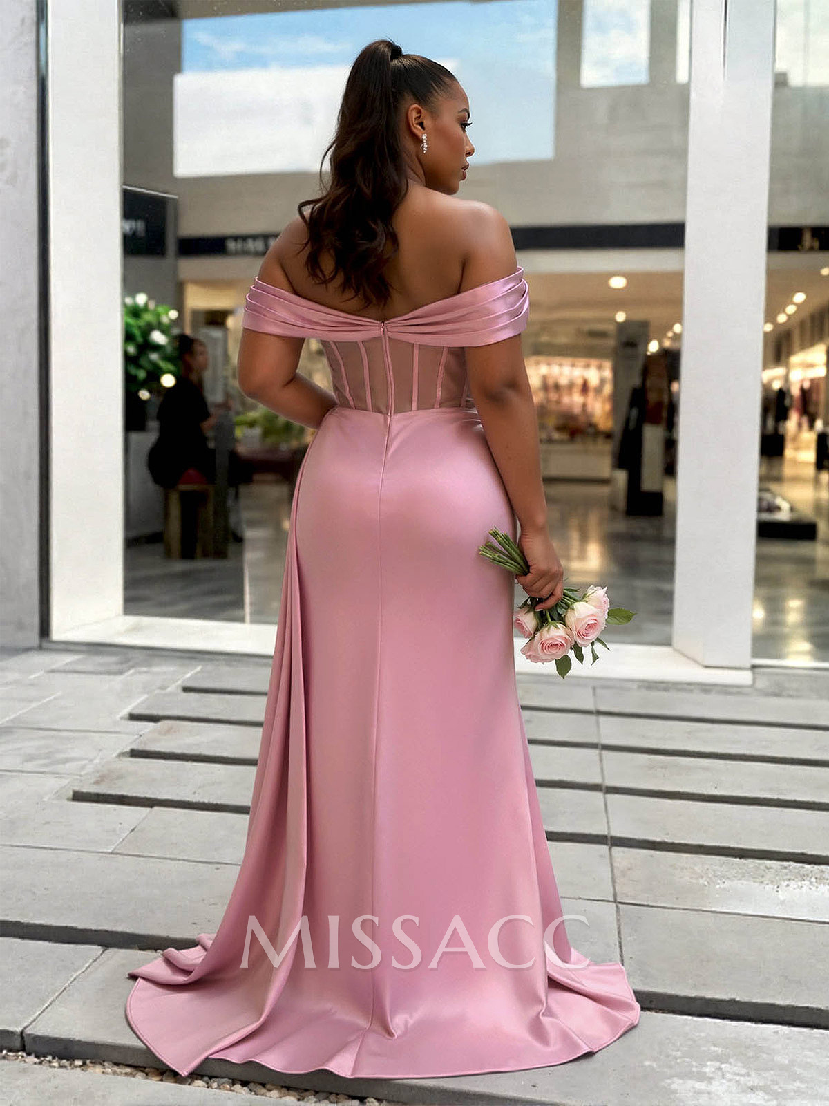 Sheath/Column Off-The-Shoulder Sleeveless Sweep Train Charmeuse Bridesmaid Dresses With High Split Sheath/Column Off-The-Shoulder Sleeveless Sweep Train Charmeuse Bridesmaid Dresses With High Split