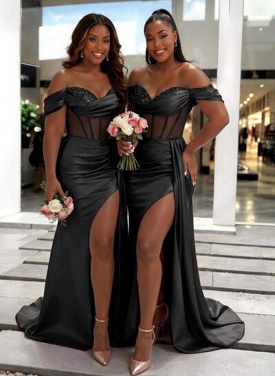 Sheath/Column Off-The-Shoulder Sleeveless Sweep Train Charmeuse Bridesmaid Dresses With High Split