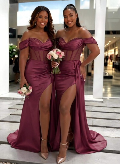 Sheath/Column Off-The-Shoulder Sleeveless Sweep Train Charmeuse Bridesmaid Dresses With High Split