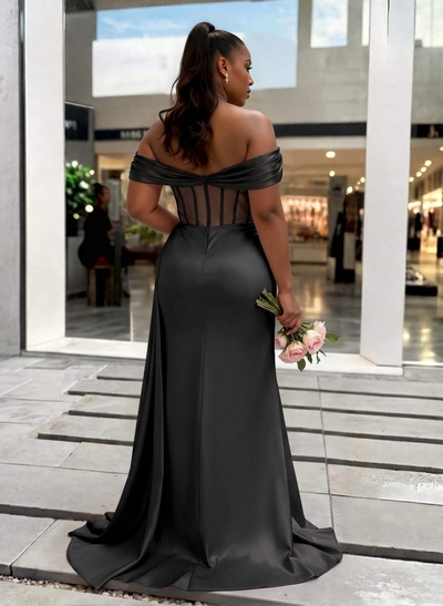 Sheath/Column Off-The-Shoulder Sleeveless Sweep Train Charmeuse Bridesmaid Dresses With High Split