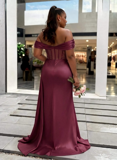 Sheath/Column Off-The-Shoulder Sleeveless Sweep Train Charmeuse Bridesmaid Dresses With High Split