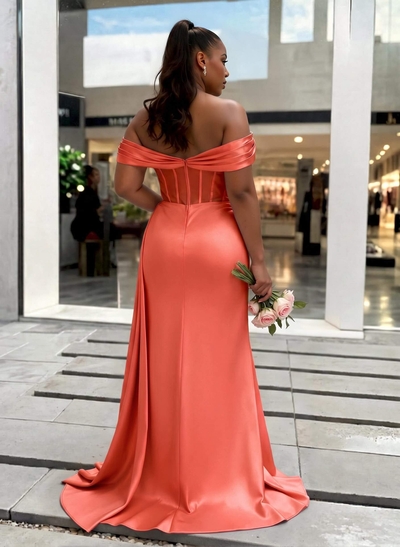 Sheath/Column Off-The-Shoulder Sleeveless Sweep Train Charmeuse Bridesmaid Dresses With High Split