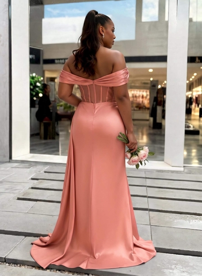 Sheath/Column Off-The-Shoulder Sleeveless Sweep Train Charmeuse Bridesmaid Dresses With High Split