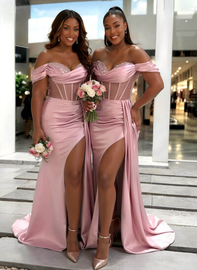Sheath/Column Off-The-Shoulder Sleeveless Sweep Train Charmeuse Bridesmaid Dresses With High Split