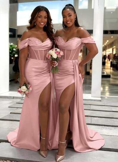 Sheath/Column Off-The-Shoulder Sleeveless Sweep Train Charmeuse Bridesmaid Dresses With High Split