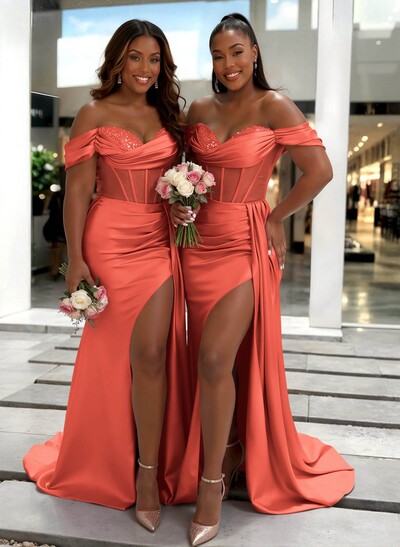 Sheath/Column Off-The-Shoulder Sleeveless Sweep Train Charmeuse Bridesmaid Dresses With High Split