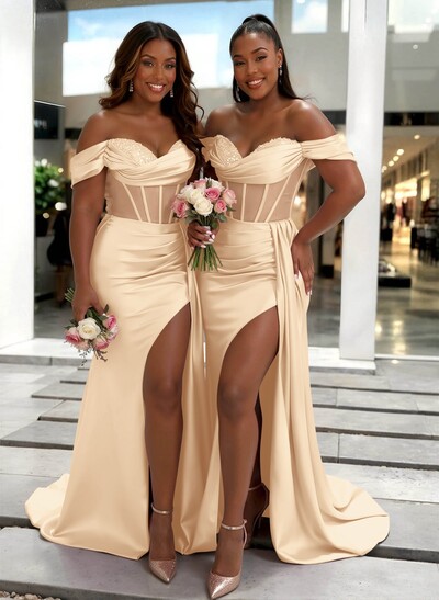 Sheath/Column Off-The-Shoulder Sleeveless Sweep Train Charmeuse Bridesmaid Dresses With High Split