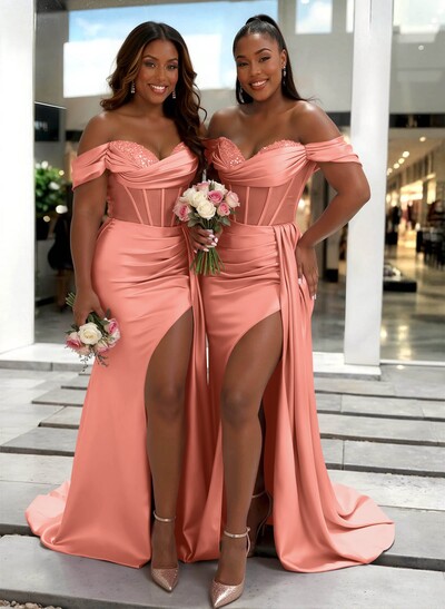 Sheath/Column Off-The-Shoulder Sleeveless Sweep Train Charmeuse Bridesmaid Dresses With High Split