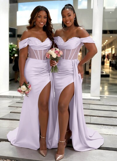 Sheath/Column Off-The-Shoulder Sleeveless Sweep Train Charmeuse Bridesmaid Dresses With High Split