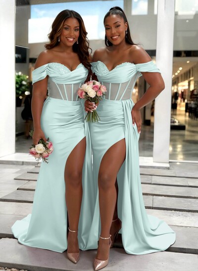 Sheath/Column Off-The-Shoulder Sleeveless Sweep Train Charmeuse Bridesmaid Dresses With High Split