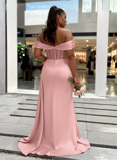 Sheath/Column Off-The-Shoulder Sleeveless Sweep Train Charmeuse Bridesmaid Dresses With High Split