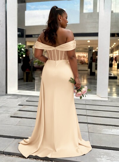 Sheath/Column Off-The-Shoulder Sleeveless Sweep Train Charmeuse Bridesmaid Dresses With High Split