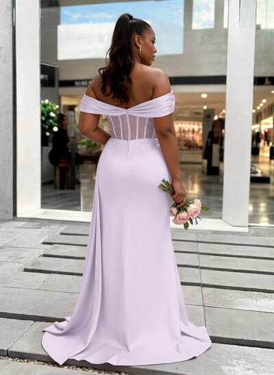 Sheath/Column Off-The-Shoulder Sleeveless Sweep Train Charmeuse Bridesmaid Dresses With High Split