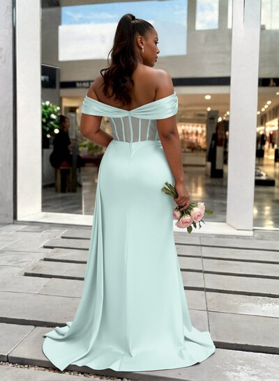 Sheath/Column Off-The-Shoulder Sleeveless Sweep Train Charmeuse Bridesmaid Dresses With High Split