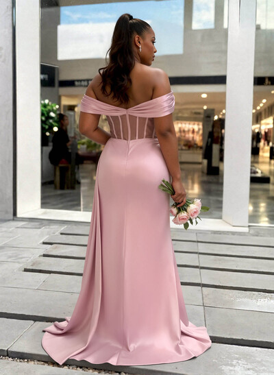Sheath/Column Off-The-Shoulder Sleeveless Sweep Train Charmeuse Bridesmaid Dresses With High Split