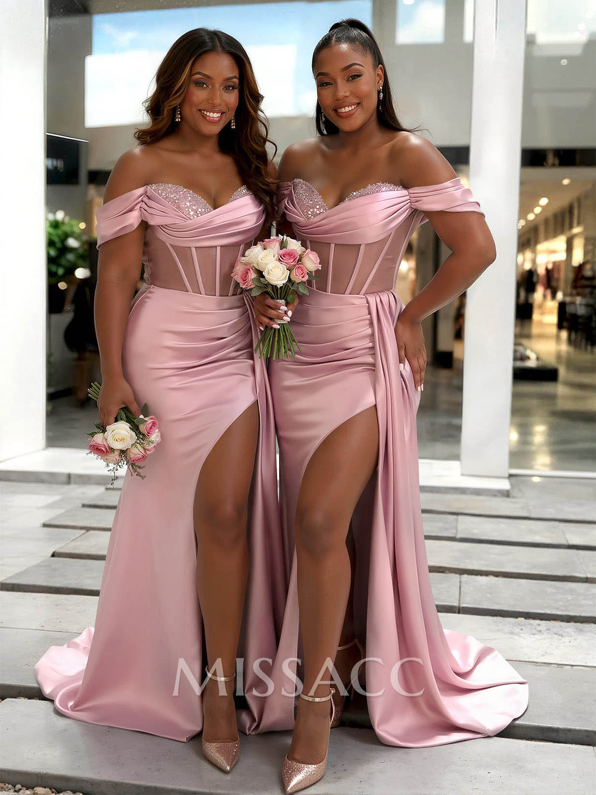 Sheath/Column Off-The-Shoulder Sleeveless Sweep Train Charmeuse Bridesmaid Dresses With High Split Sheath/Column Off-The-Shoulder Sleeveless Sweep Train Charmeuse Bridesmaid Dresses With High Split