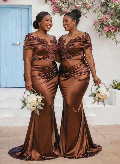 Trumpet/Mermaid Illusion Neck Sleeveless Sweep Train Bridesmaid Dresses With Pleated/Appliques Lace