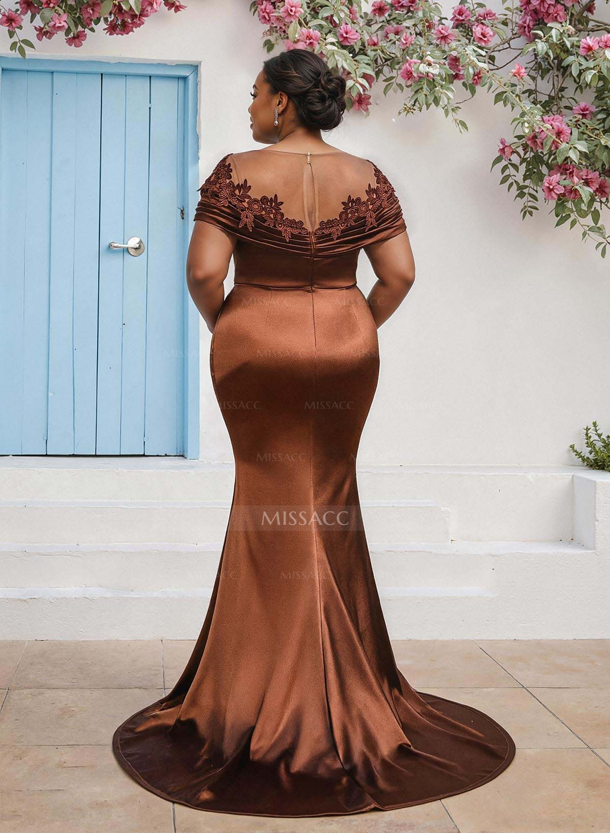 Trumpet/Mermaid Illusion Neck Sleeveless Sweep Train Bridesmaid Dresses With Pleated/Appliques Lace