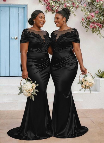 Trumpet/Mermaid Illusion Neck Sleeveless Sweep Train Bridesmaid Dresses With Pleated/Appliques Lace
