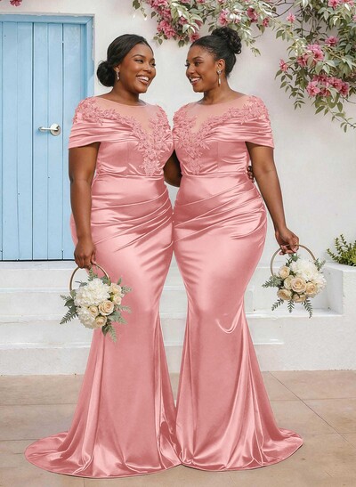 Trumpet/Mermaid Illusion Neck Sleeveless Sweep Train Bridesmaid Dresses With Pleated/Appliques Lace