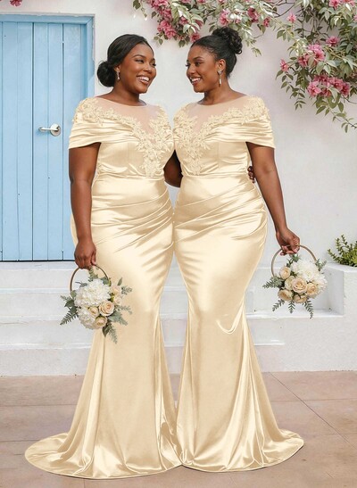 Trumpet/Mermaid Illusion Neck Sleeveless Sweep Train Bridesmaid Dresses With Pleated/Appliques Lace