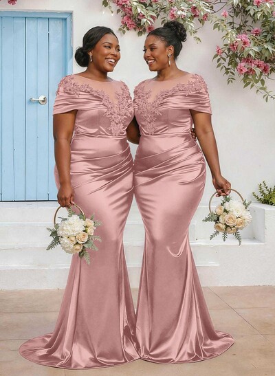 Trumpet/Mermaid Illusion Neck Sleeveless Sweep Train Bridesmaid Dresses With Pleated/Appliques Lace