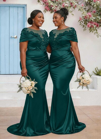 Trumpet/Mermaid Illusion Neck Sleeveless Sweep Train Bridesmaid Dresses With Pleated/Appliques Lace