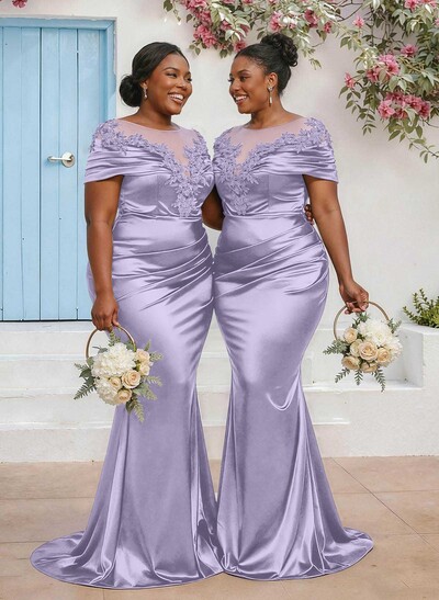 Trumpet/Mermaid Illusion Neck Sleeveless Sweep Train Bridesmaid Dresses With Pleated/Appliques Lace