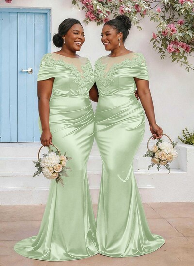 Trumpet/Mermaid Illusion Neck Sleeveless Sweep Train Bridesmaid Dresses With Pleated/Appliques Lace
