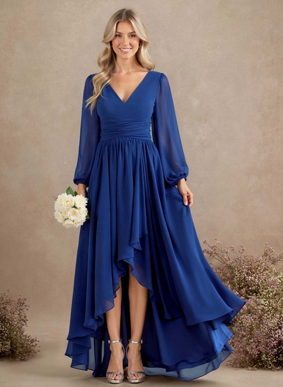 A-Line V-Neck Long Sleeves Floor-Length Chiffon Bridesmaid Dresses With Pleated