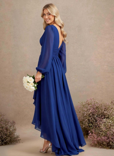 A-Line V-Neck Long Sleeves Floor-Length Chiffon Bridesmaid Dresses With Pleated