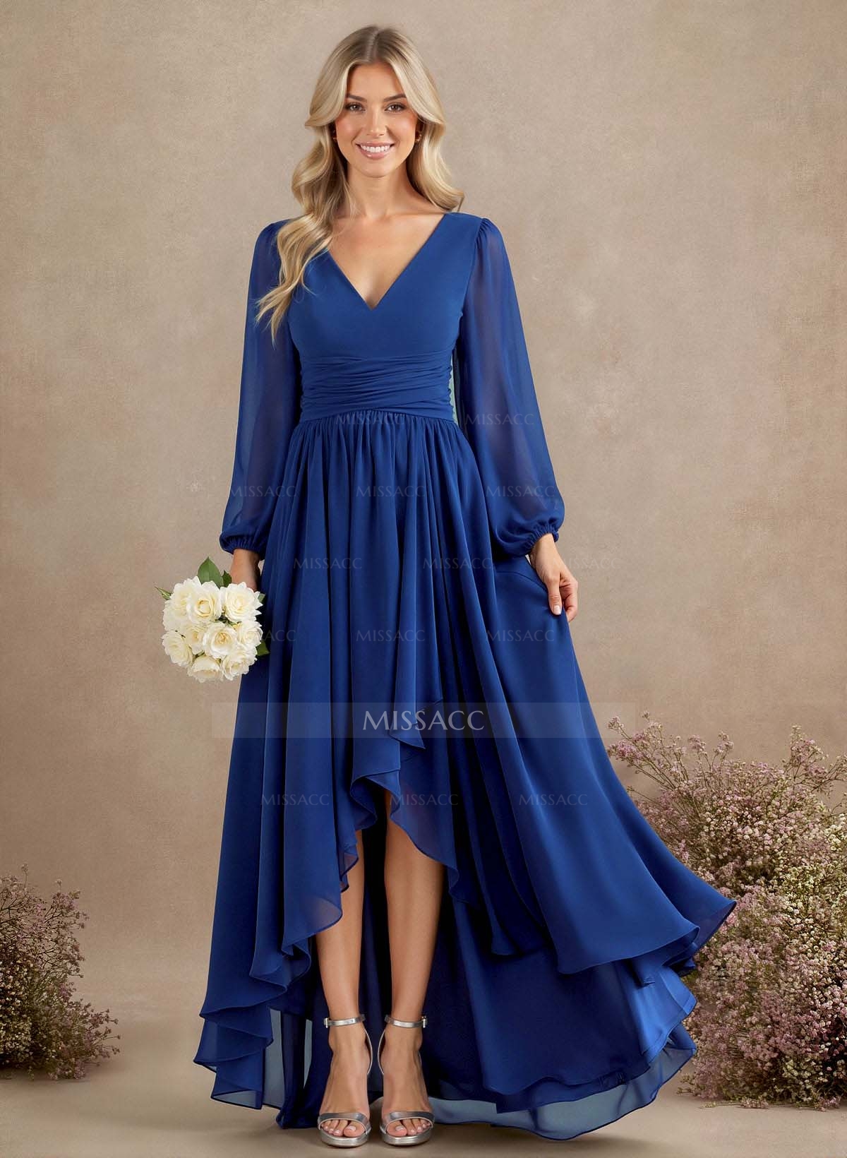 A-Line V-Neck Long Sleeves Floor-Length Chiffon Bridesmaid Dresses With Pleated
