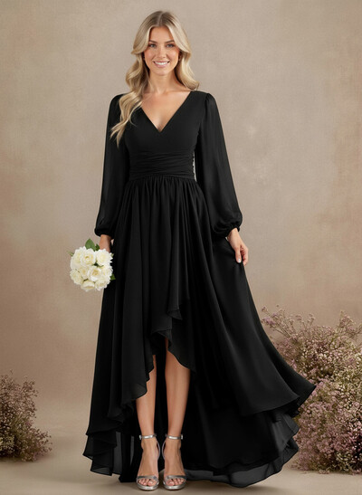 A-Line V-Neck Long Sleeves Floor-Length Chiffon Bridesmaid Dresses With Pleated