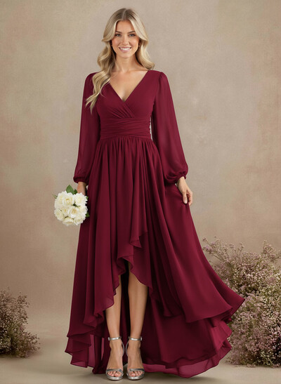A-Line V-Neck Long Sleeves Floor-Length Chiffon Bridesmaid Dresses With Pleated