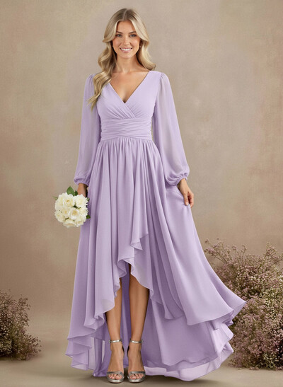 A-Line V-Neck Long Sleeves Floor-Length Chiffon Bridesmaid Dresses With Pleated