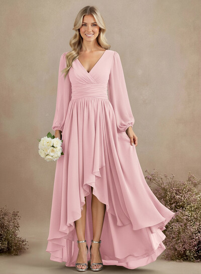 A-Line V-Neck Long Sleeves Floor-Length Chiffon Bridesmaid Dresses With Pleated