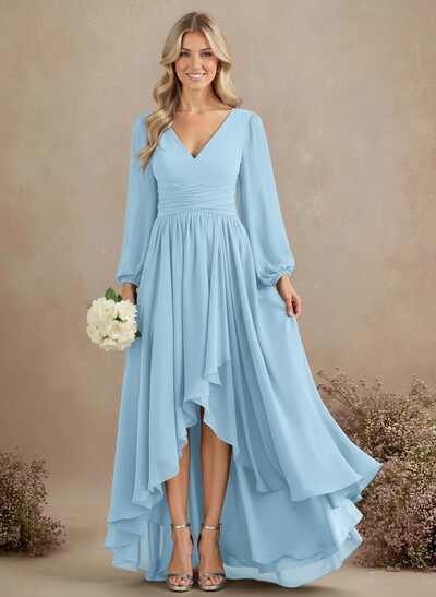 A-Line V-Neck Long Sleeves Floor-Length Chiffon Bridesmaid Dresses With Pleated