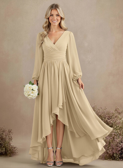 A-Line V-Neck Long Sleeves Floor-Length Chiffon Bridesmaid Dresses With Pleated