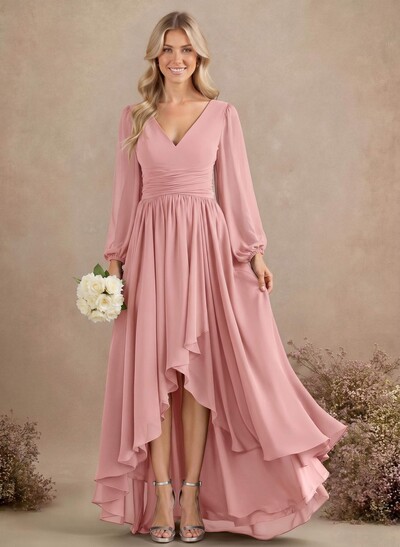 A-Line V-Neck Long Sleeves Floor-Length Chiffon Bridesmaid Dresses With Pleated