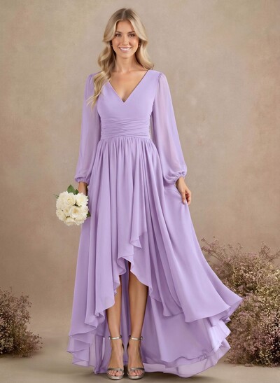 A-Line V-Neck Long Sleeves Floor-Length Chiffon Bridesmaid Dresses With Pleated