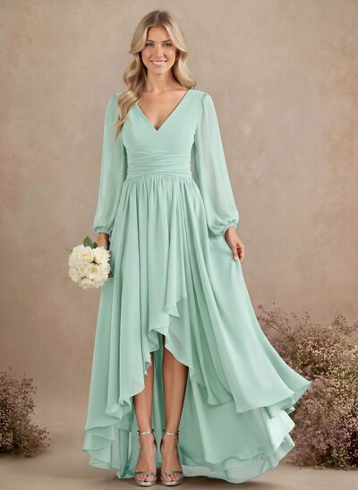 A-Line V-Neck Long Sleeves Floor-Length Chiffon Bridesmaid Dresses With Pleated